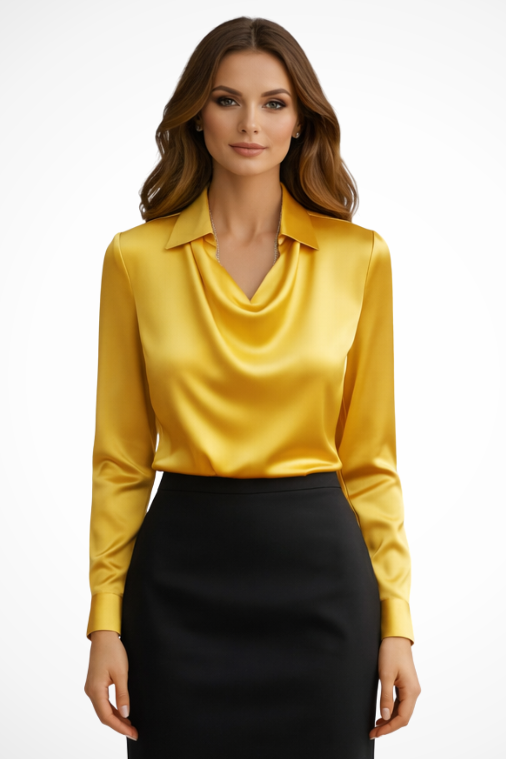 Lyra – Blusa de satén con cuello drapeado y mangas largas para mujer