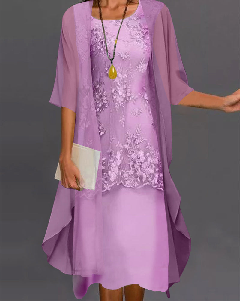 Vestido elegante con encaje y capa de gasa para invitada de boda – AURELIA