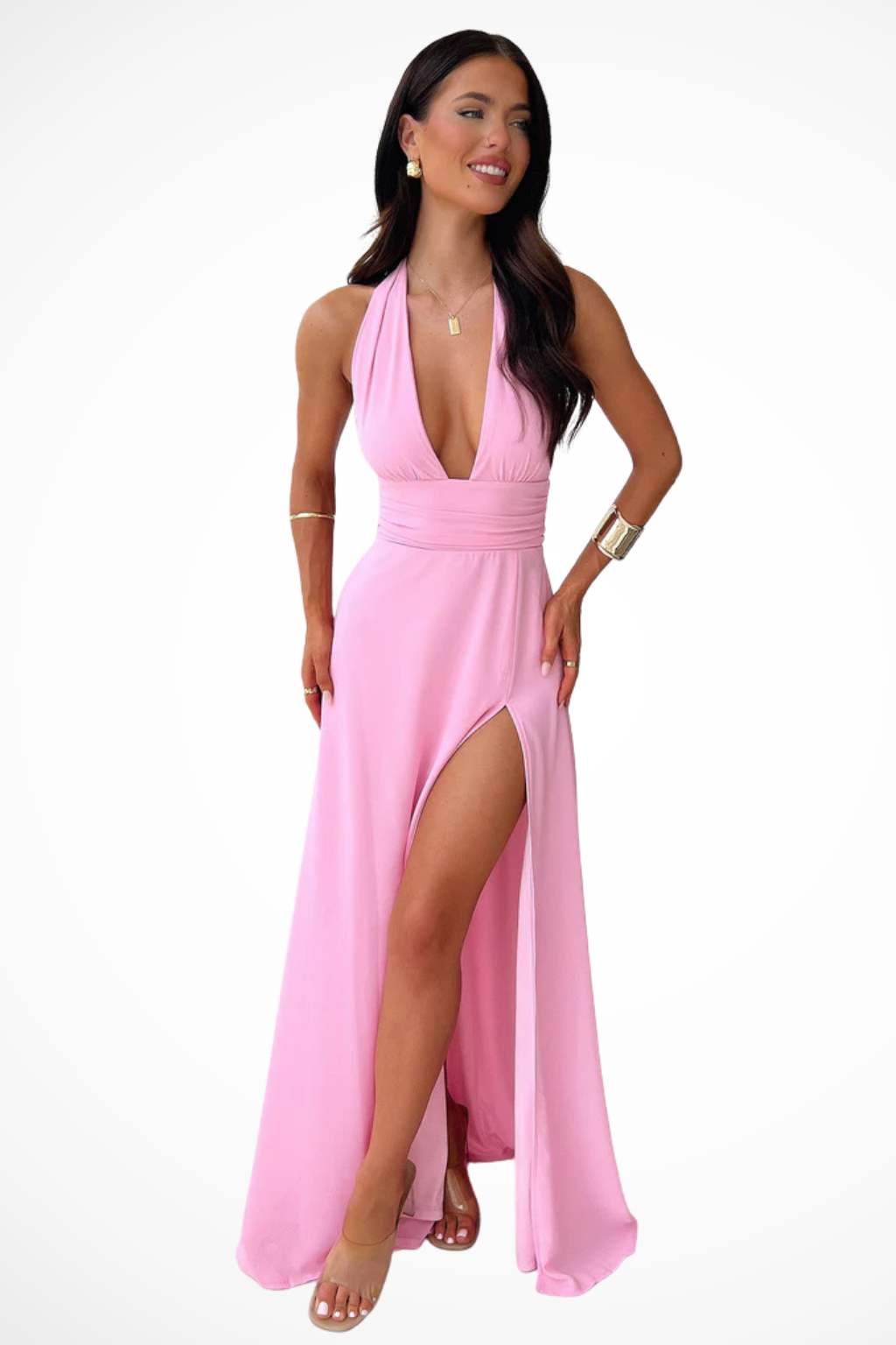 Kaelira – Vestido maxi de cuello halter con abertura lateral para mujer