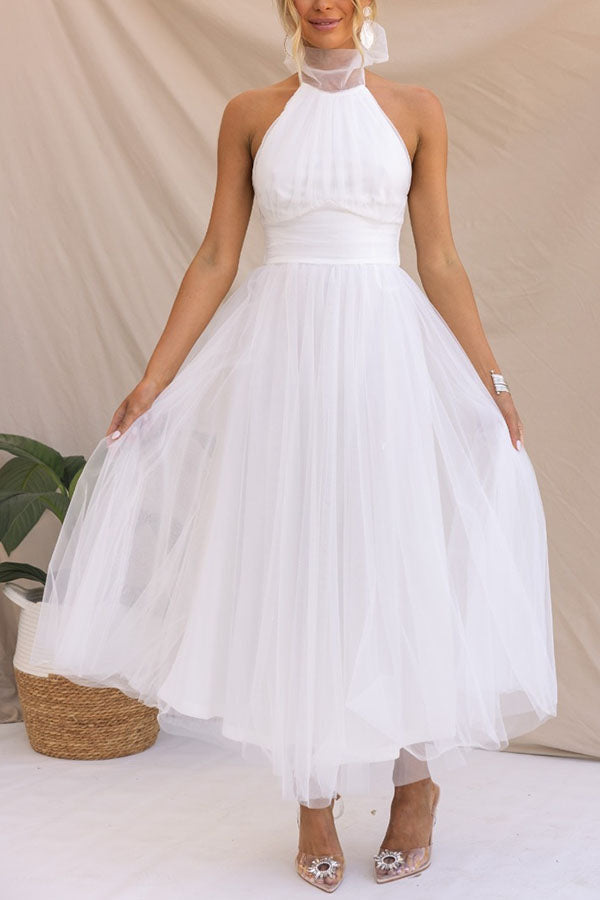 Vestido midi con escote halter y falda voluminosa – Lirenza