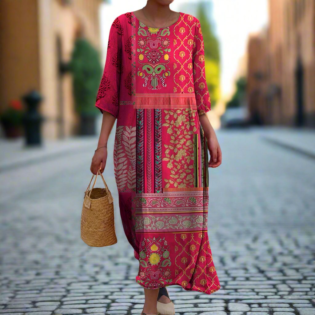 ISADORA – Vestido maxi bohemio con diseño y mangas tres cuartos para mujer