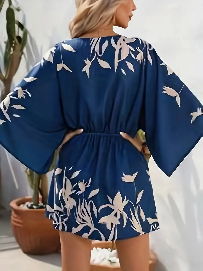 Camila – Vestido mini con estampado floral, escote en V y mangas largas para mujer