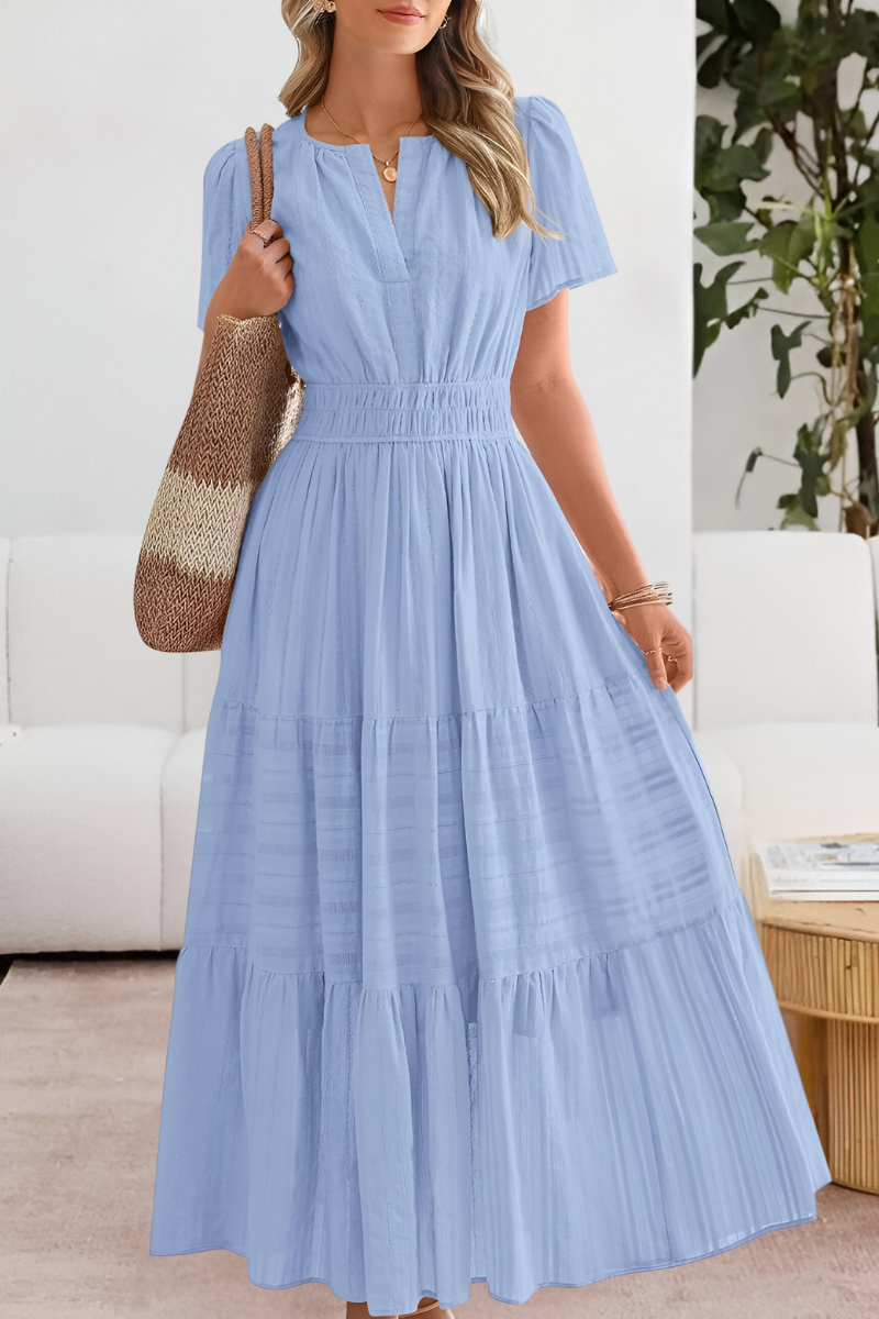 Elena – Vestido maxi con cintura fruncida y mangas cortas para mujer