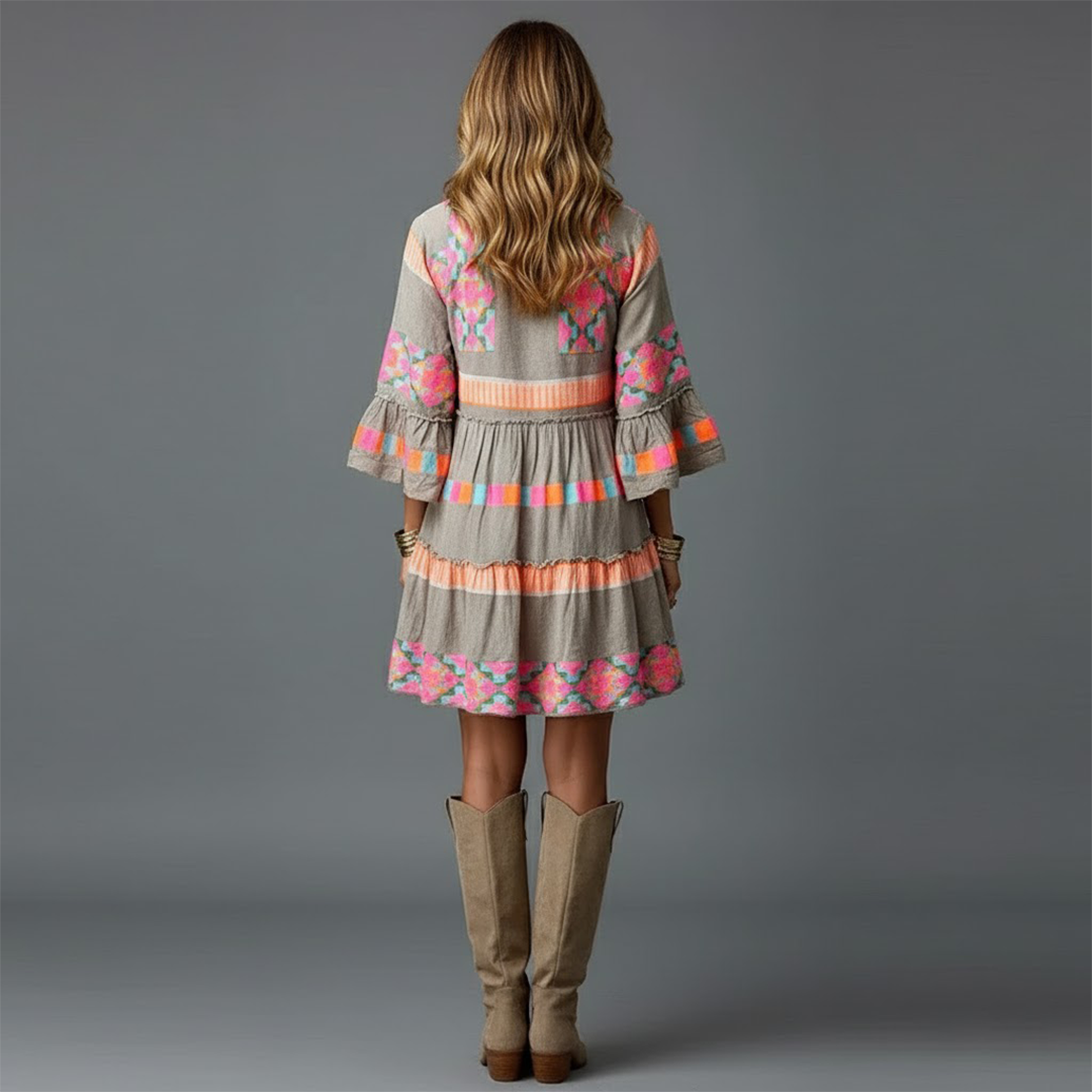 Elowen – Vestido bohemio colorido con mangas acampanadas para mujer