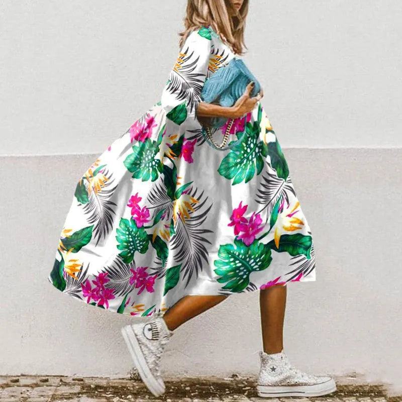 Vestido midi holgado de mujer con mangas abullonadas – MARGARITA