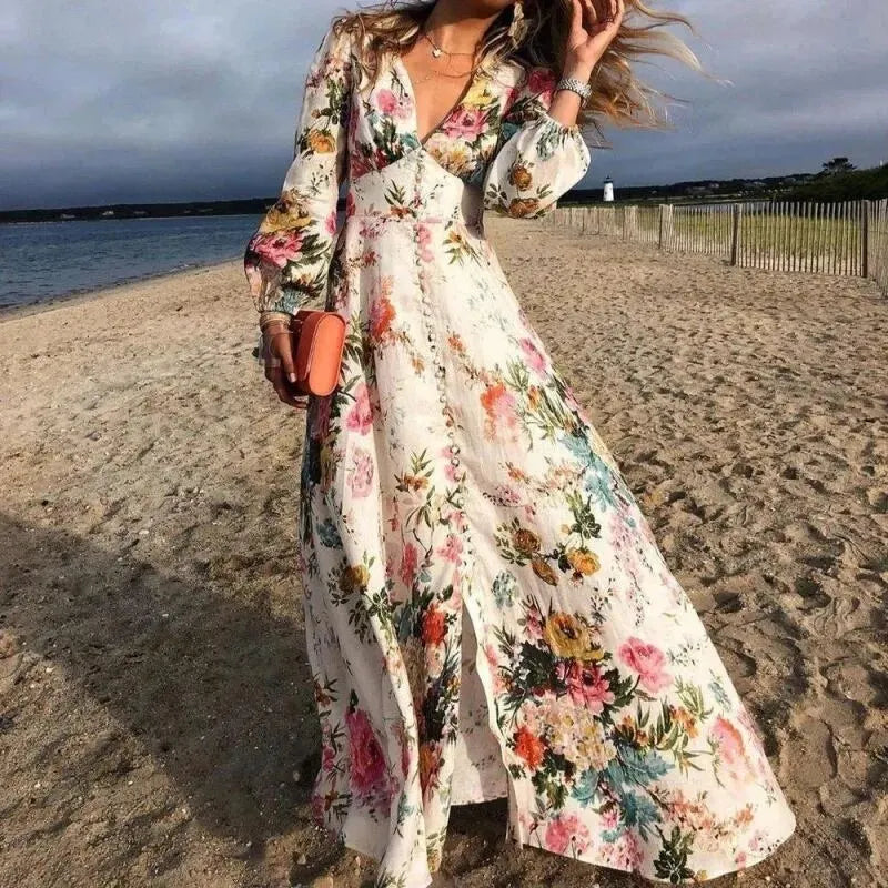 Narella – Vestido largo bohemio floral con mangas largas para mujer