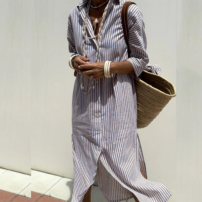 Vestido camisero de algodón con rayas y corte relajado – KARELIA