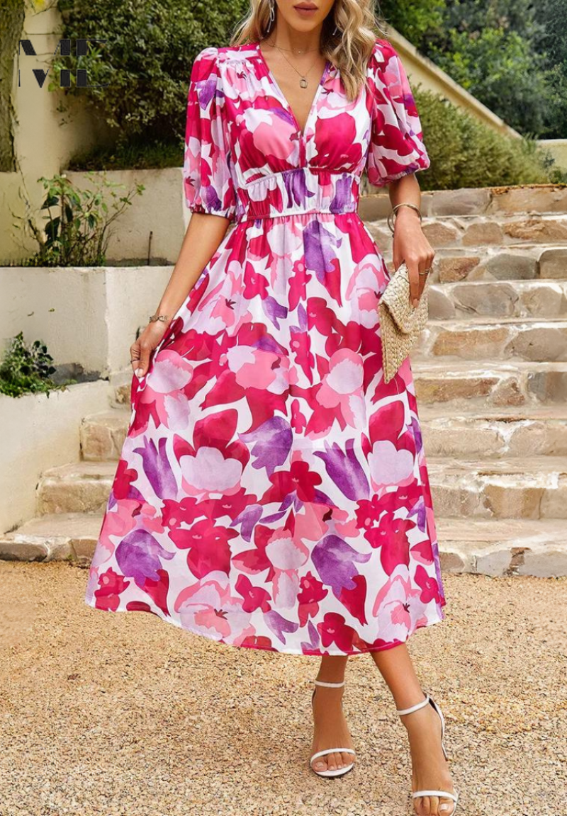 Amal – Vestido midi con escote en V y mangas abullonadas para mujer