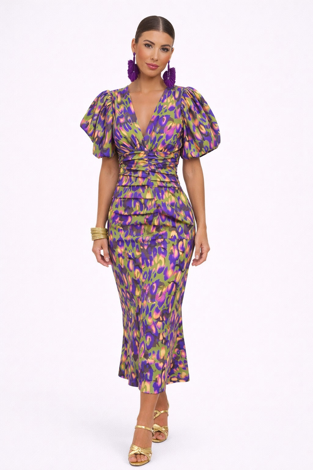 Vestido midi para mujer con mangas abullonadas y detalle calado – AYENNE
