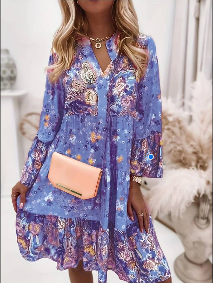ROSALÍA – Vestido midi bohemio con estampado floral, escote en V y mangas largas