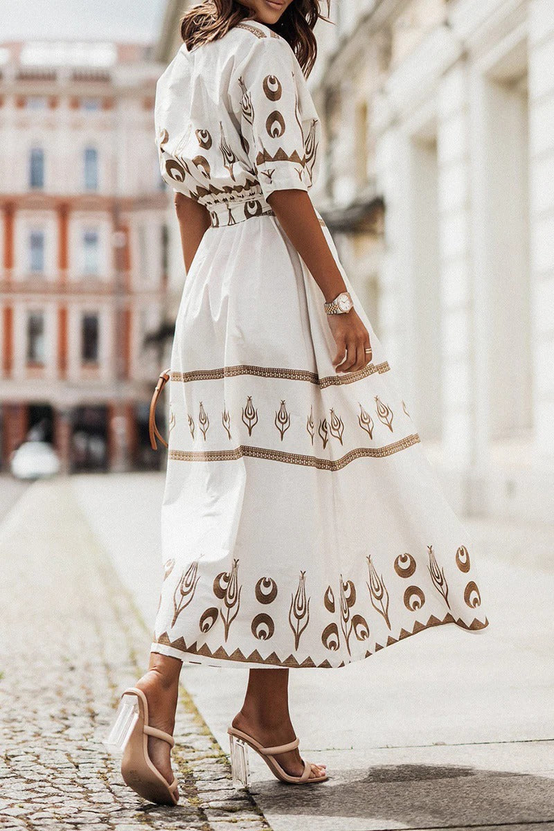 MARINA – Vestido midi bohemio con estampado y cinturón para mujer