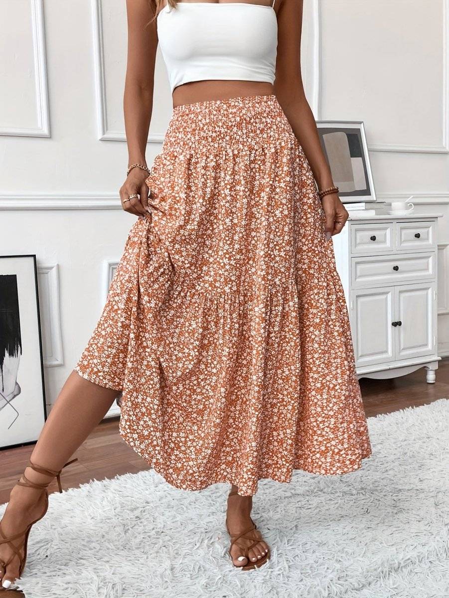 Falda larga boho con estampado floral y vuelo ligero – LIVARA