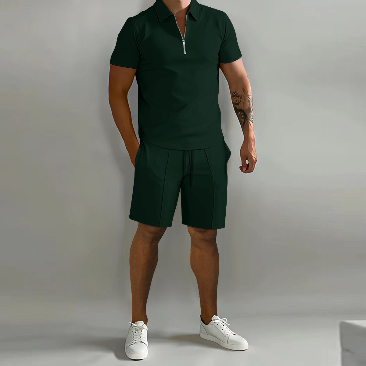Orvian – Conjunto casual de polo con cremallera y pantalón corto para hombre