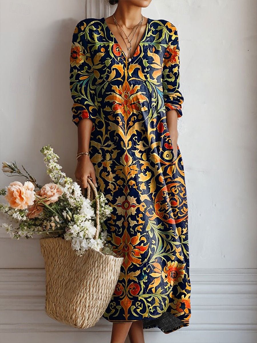 VALERIA – Vestido midi bohemio con escote en V y estampado barroco