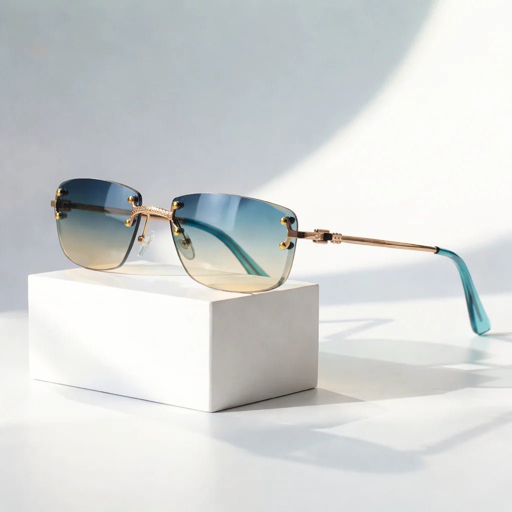 MAXIMO – Gafas de sol sin montura con varillas metálicas doradas y lentes degradados con protección UV400