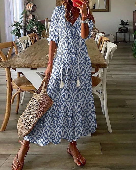 Vestido largo bohemio con escote en V y caída fluida – ELIORA