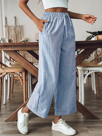 Pantalón recto de rayas con cintura elástica para mujer – LEONA