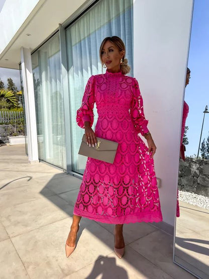 Celestina – Vestido midi de encaje de manga larga con cuello alto para mujer
