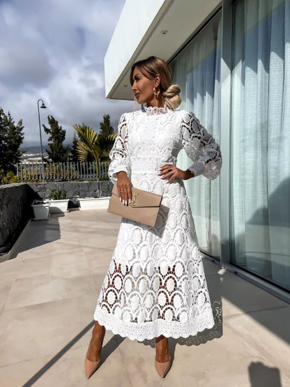 Celestina – Vestido midi de encaje de manga larga con cuello alto para mujer