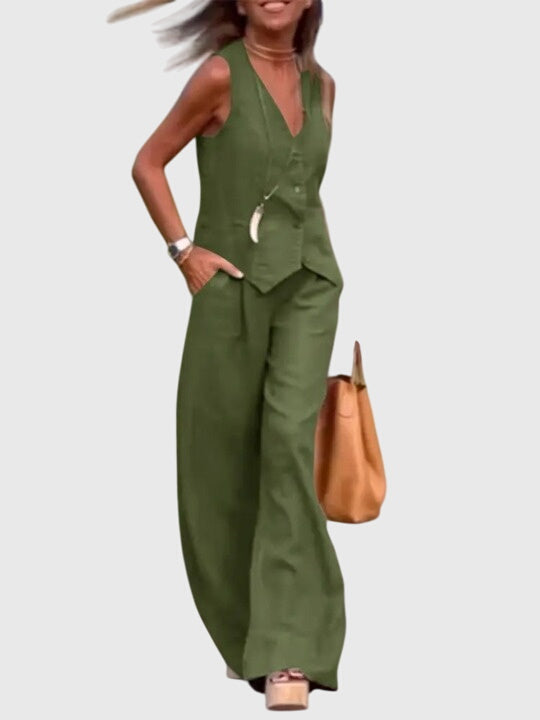 Amara – Conjunto elegante de dos piezas con pantalón fluido y chaleco estructurado para mujer