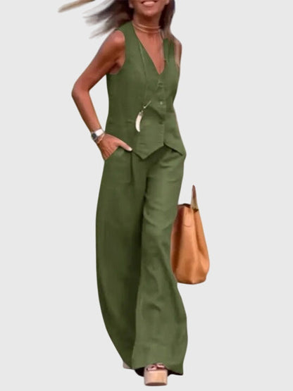 Amara – Conjunto elegante de dos piezas con pantalón fluido y chaleco estructurado para mujer