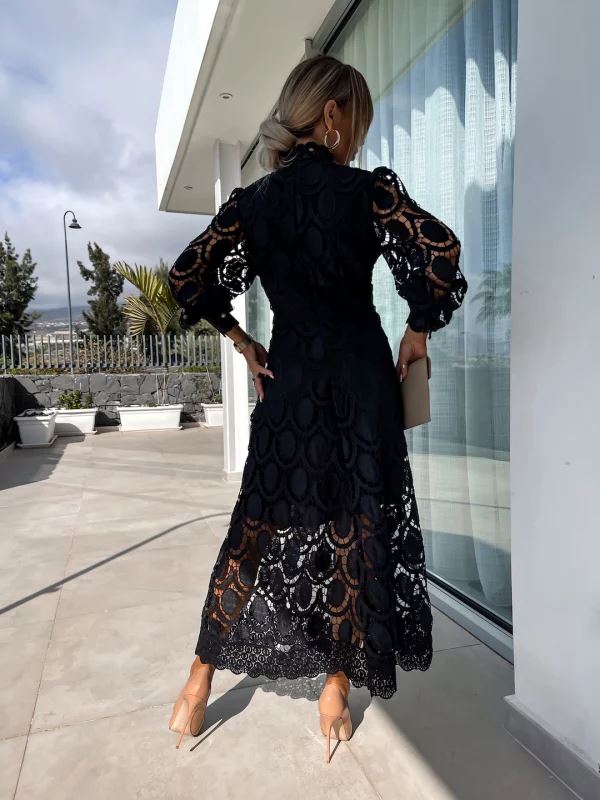 Celestina – Vestido midi de encaje de manga larga con cuello alto para mujer