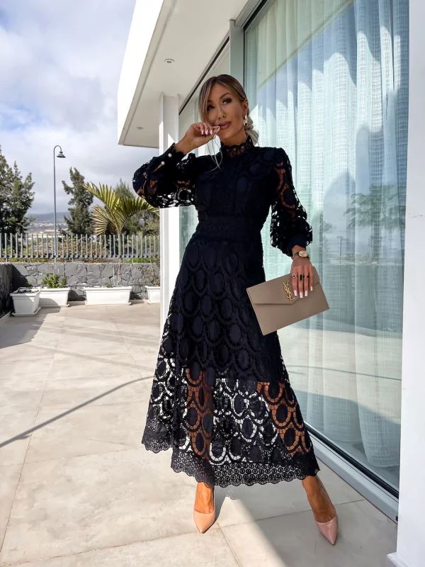 Celestina – Vestido midi de encaje de manga larga con cuello alto para mujer