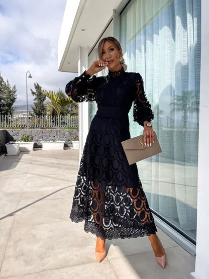 Celestina – Vestido midi de encaje de manga larga con cuello alto para mujer