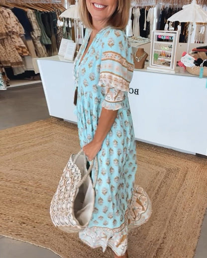 FIORELLA – Vestido midi bohemio con estampado y lazos de flecos para mujer