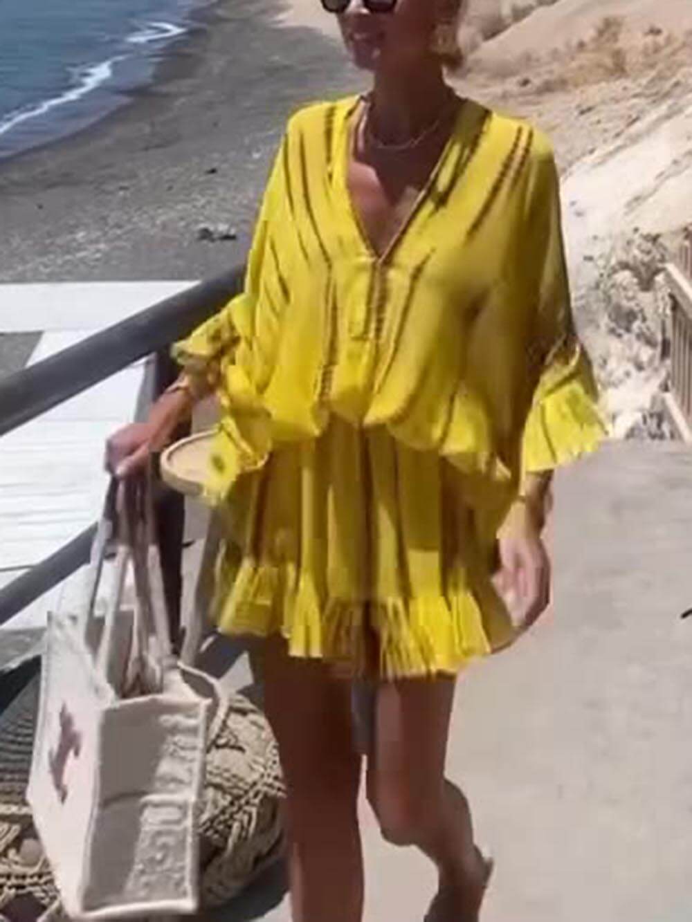 Amaya – Vestido fluido con escote en V, mangas murciélago y falda con volantes para mujer