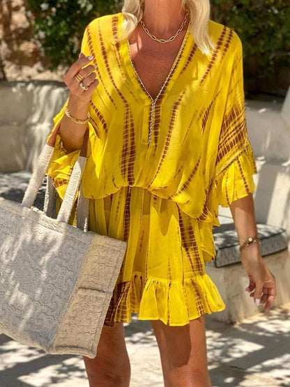 Amaya – Vestido fluido con escote en V, mangas murciélago y falda con volantes para mujer