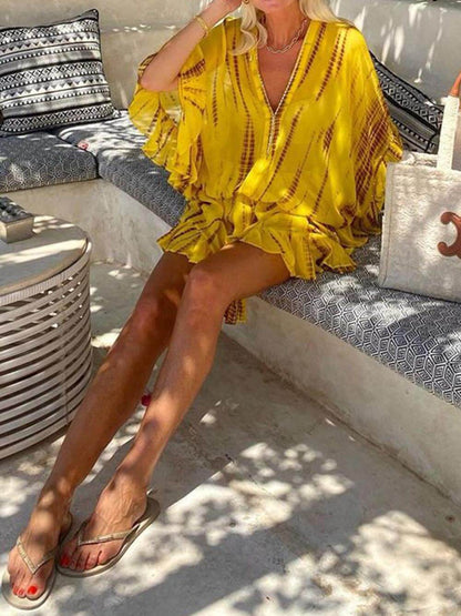 Amaya – Vestido fluido con escote en V, mangas murciélago y falda con volantes para mujer
