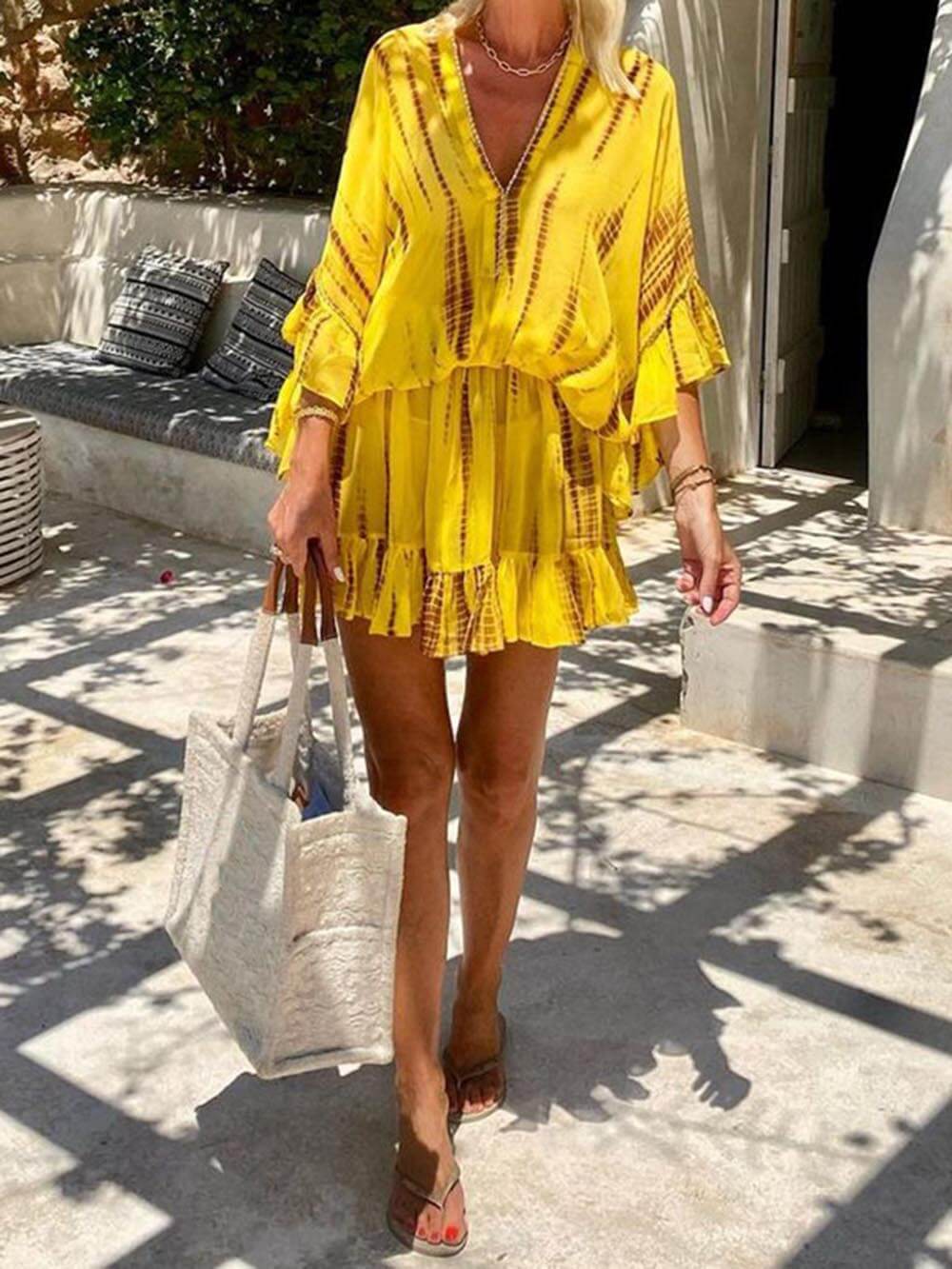 Amaya – Vestido fluido con escote en V, mangas murciélago y falda con volantes para mujer