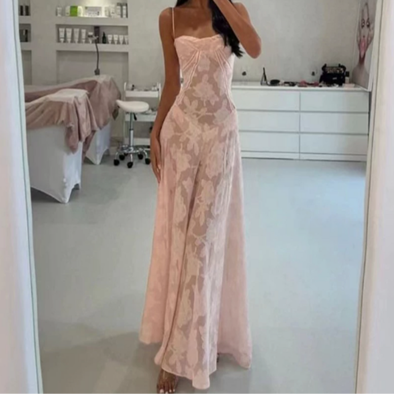 AMARANTE – Vestido maxi satinado de tirantes finos con corte en A