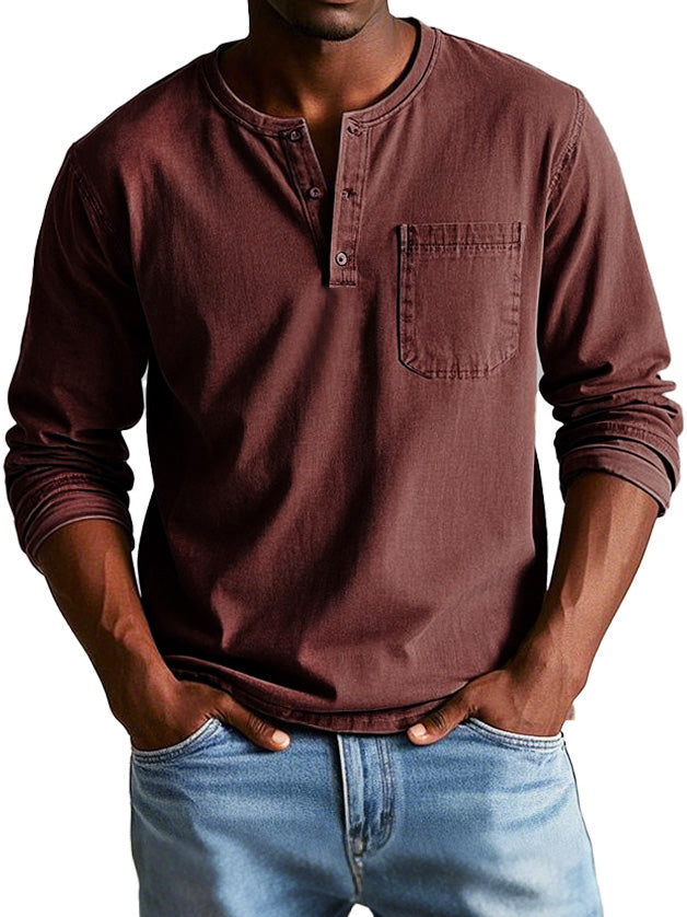 Camiseta Henley de manga larga para hombre con bolsillo en el pecho – RAVEN
