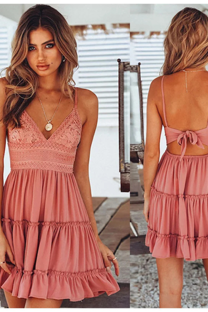 Freja – Vestido midi de encaje con tirantes finos y espalda descubierta para mujer