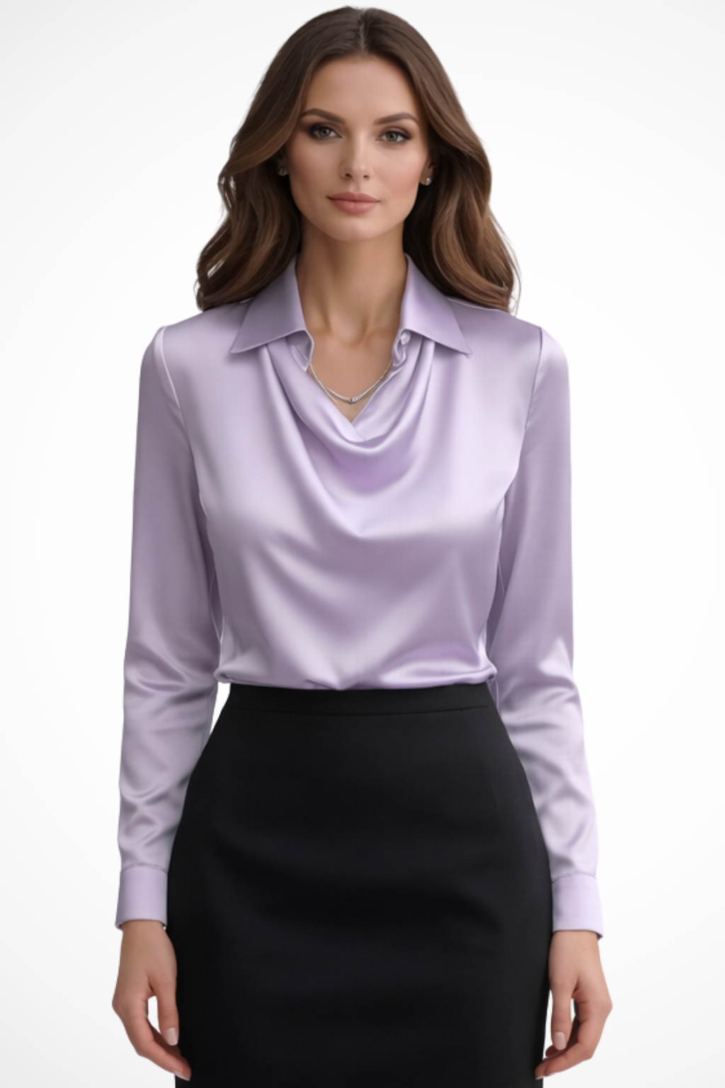 Lyra – Blusa de satén con cuello drapeado y mangas largas para mujer