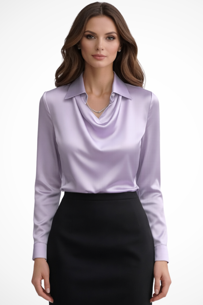 Lyra – Blusa de satén con cuello drapeado y mangas largas para mujer