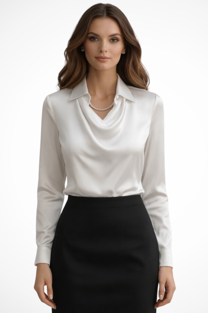 Lyra – Blusa de satén con cuello drapeado y mangas largas para mujer