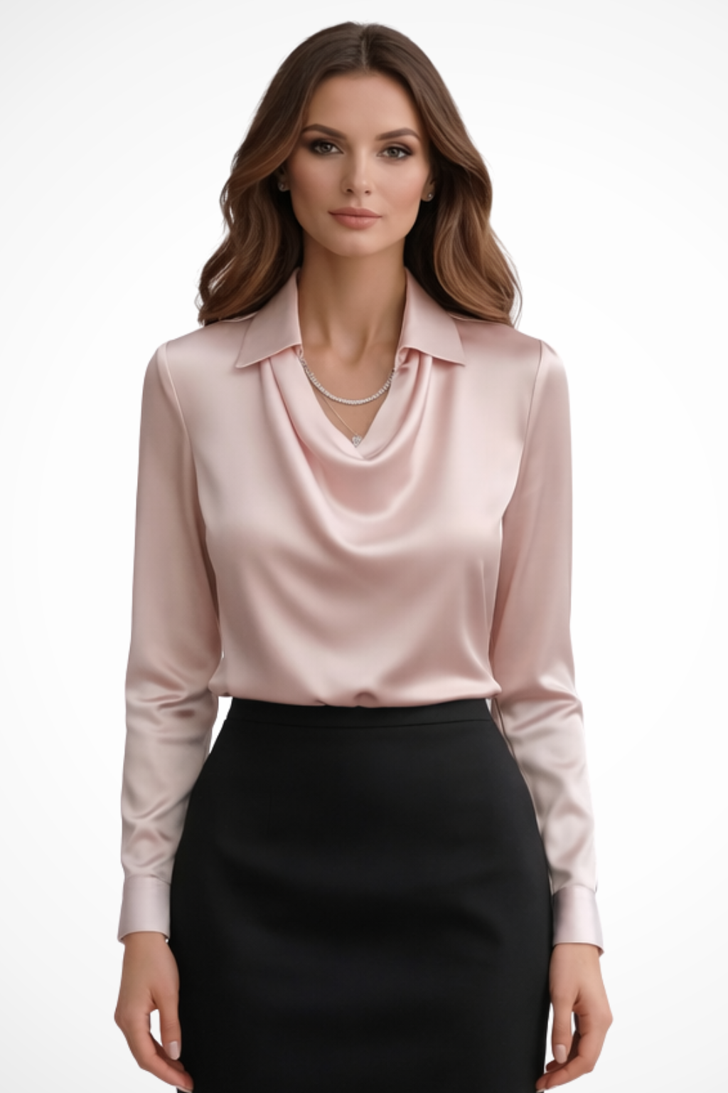 Lyra – Blusa de satén con cuello drapeado y mangas largas para mujer