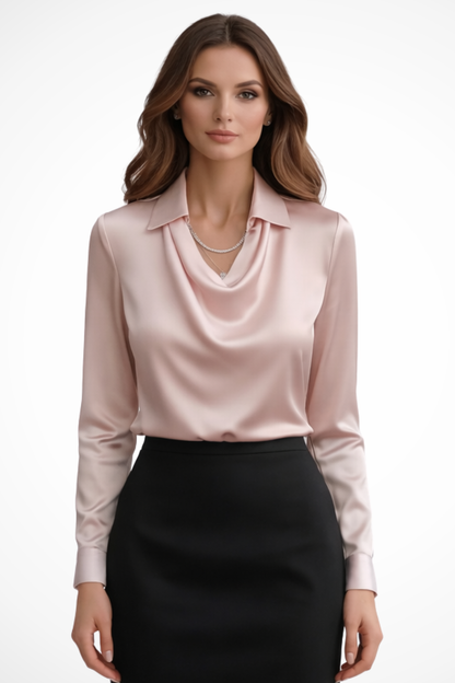 Lyra – Blusa de satén con cuello drapeado y mangas largas para mujer