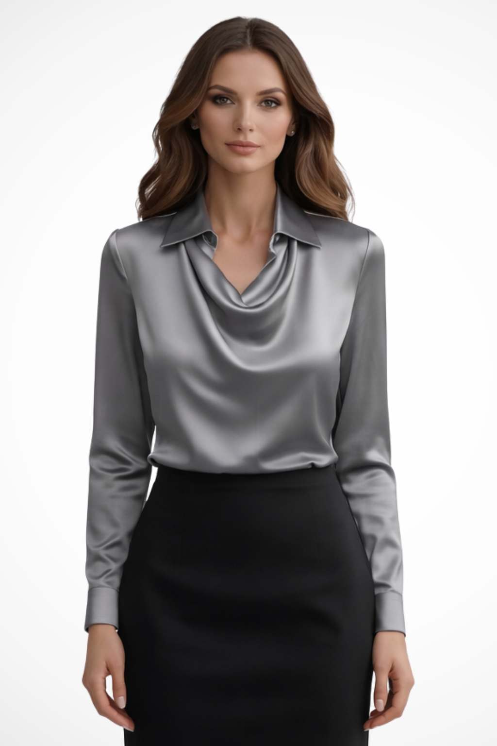 Lyra – Blusa de satén con cuello drapeado y mangas largas para mujer