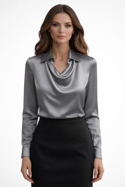 Lyra – Blusa de satén con cuello drapeado y mangas largas para mujer