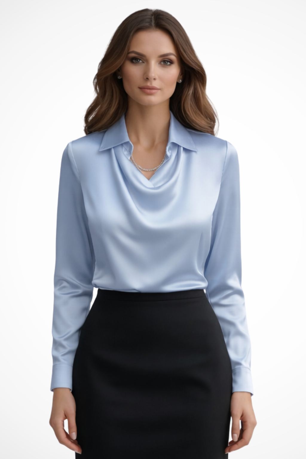 Lyra – Blusa de satén con cuello drapeado y mangas largas para mujer