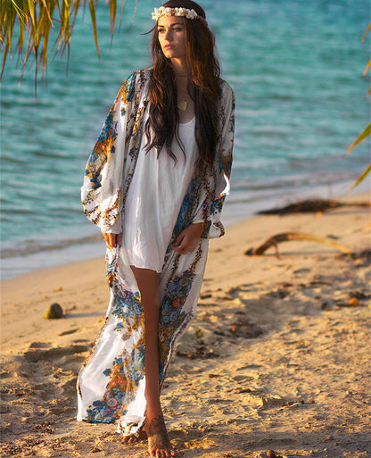 Kimono largo de mujer con estampado elegante y corte fluido – JOLINE