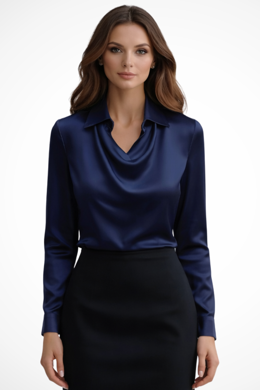 Lyra – Blusa de satén con cuello drapeado y mangas largas para mujer