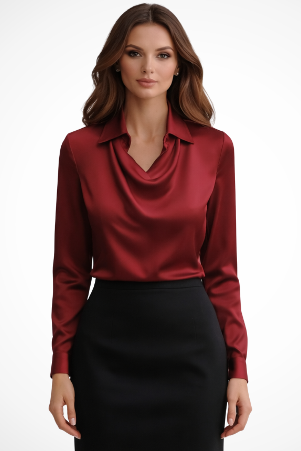Lyra – Blusa de satén con cuello drapeado y mangas largas para mujer