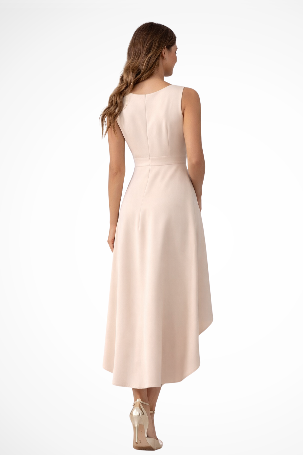 ALINA – Vestido midi de invitada sin mangas con estilo cruzado y bajo asimétrico
