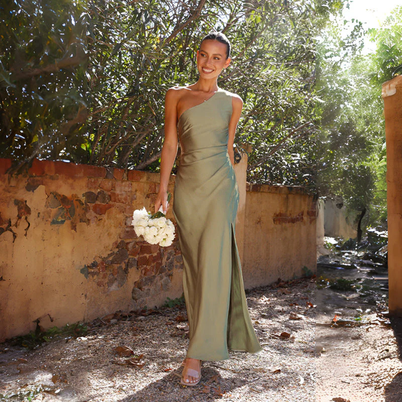 Celestia – Vestido de gala de satén con un hombro y abertura lateral para mujer