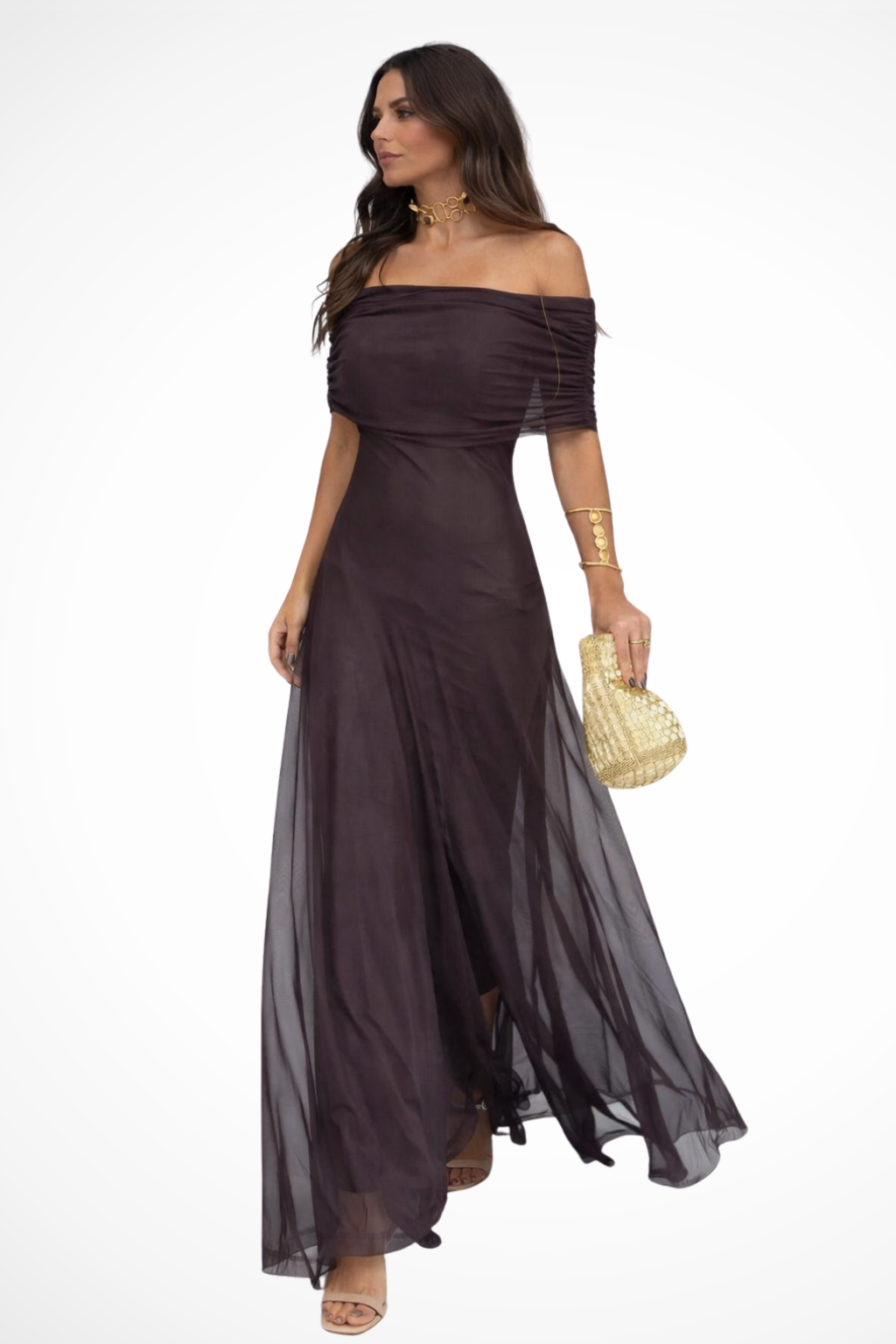 Charlotte – Vestido maxi formal de gasa con escote off-shoulder para mujer